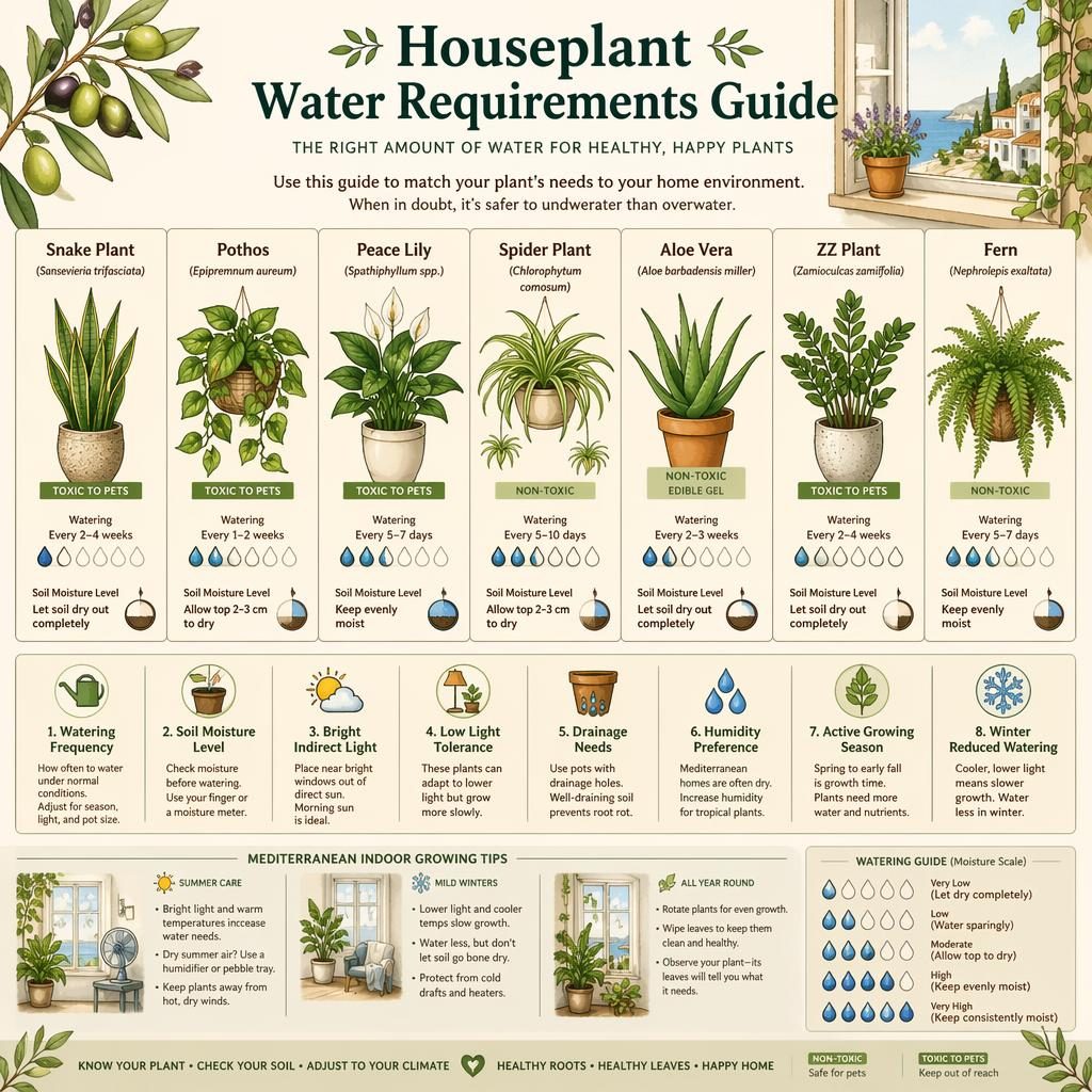Botanical infographic comparing water needs of snake plant, pothos, peace lily, spider plant, aloe, ZZ plant, and fern.
