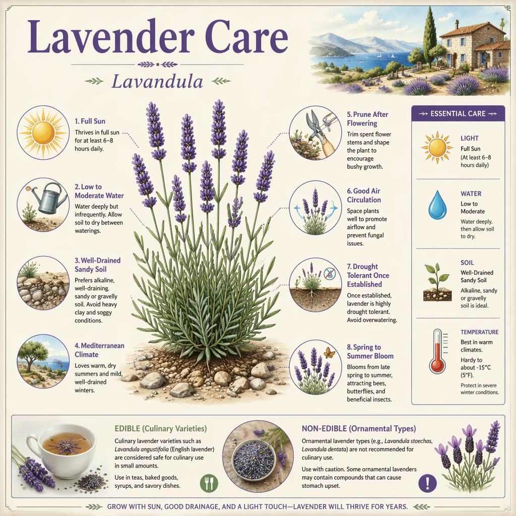 Botanical Lavender Care infographic with labeled lavender illustration, care callouts, and icons for sun, water, soil, and temperature.