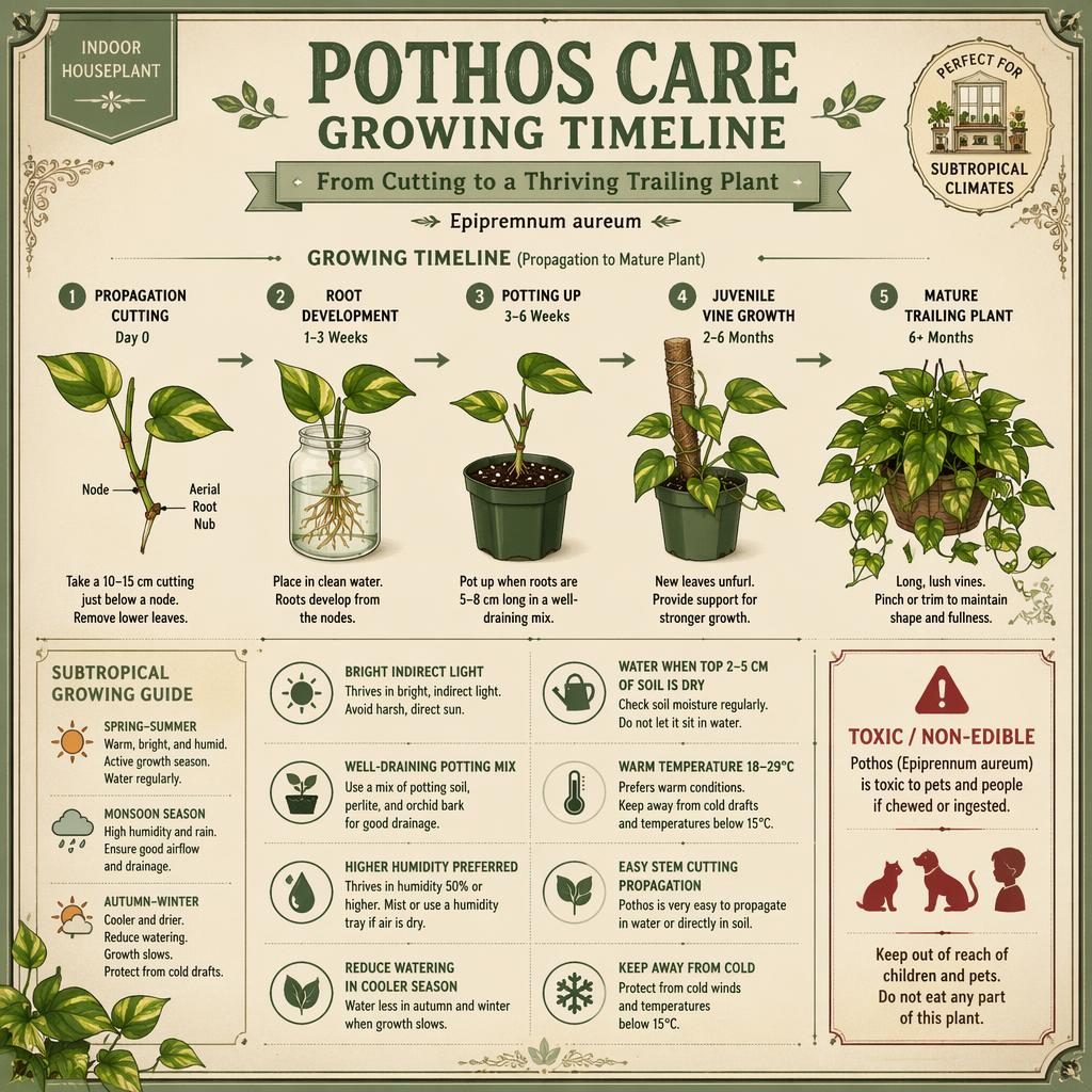 Vintage seed packet style infographic showing a pothos care growing timeline with propagation, roots, potting, vine growth.