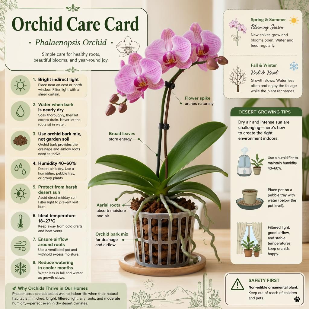 Infografía botánica de cuidado de orquídea Phalaenopsis con iconos, raíces aéreas, flores y etiquetas en inglés.