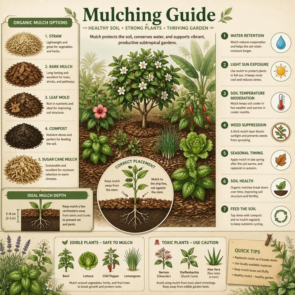 Vintage-style mulching guide infographic with botanical mulch illustrations, labeled callouts, icons, and healthy subtropical beds.