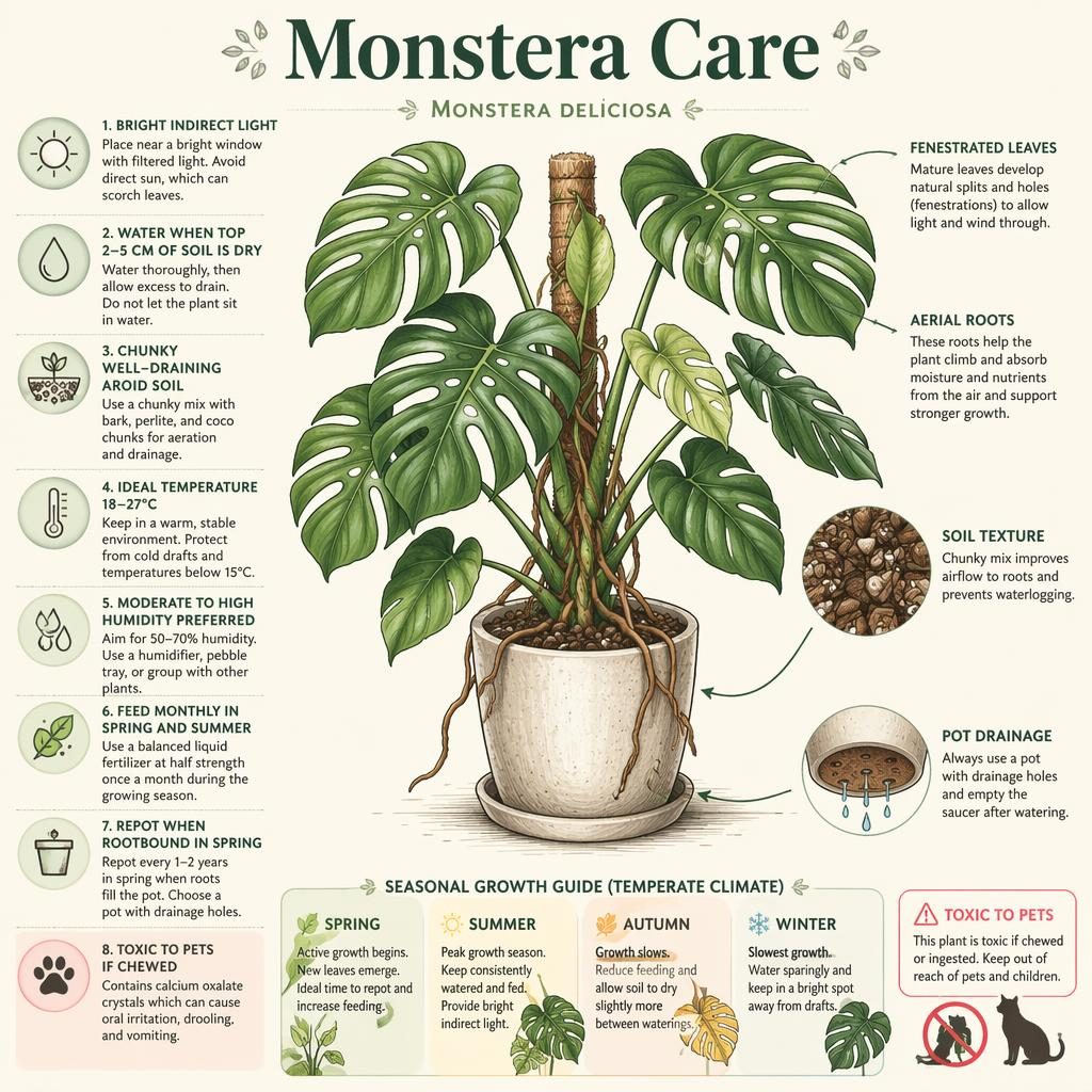 Infographie botanique Monstera Care avec Monstera deliciosa en pot, icônes d’entretien, repères fléchés et saisonnalité.