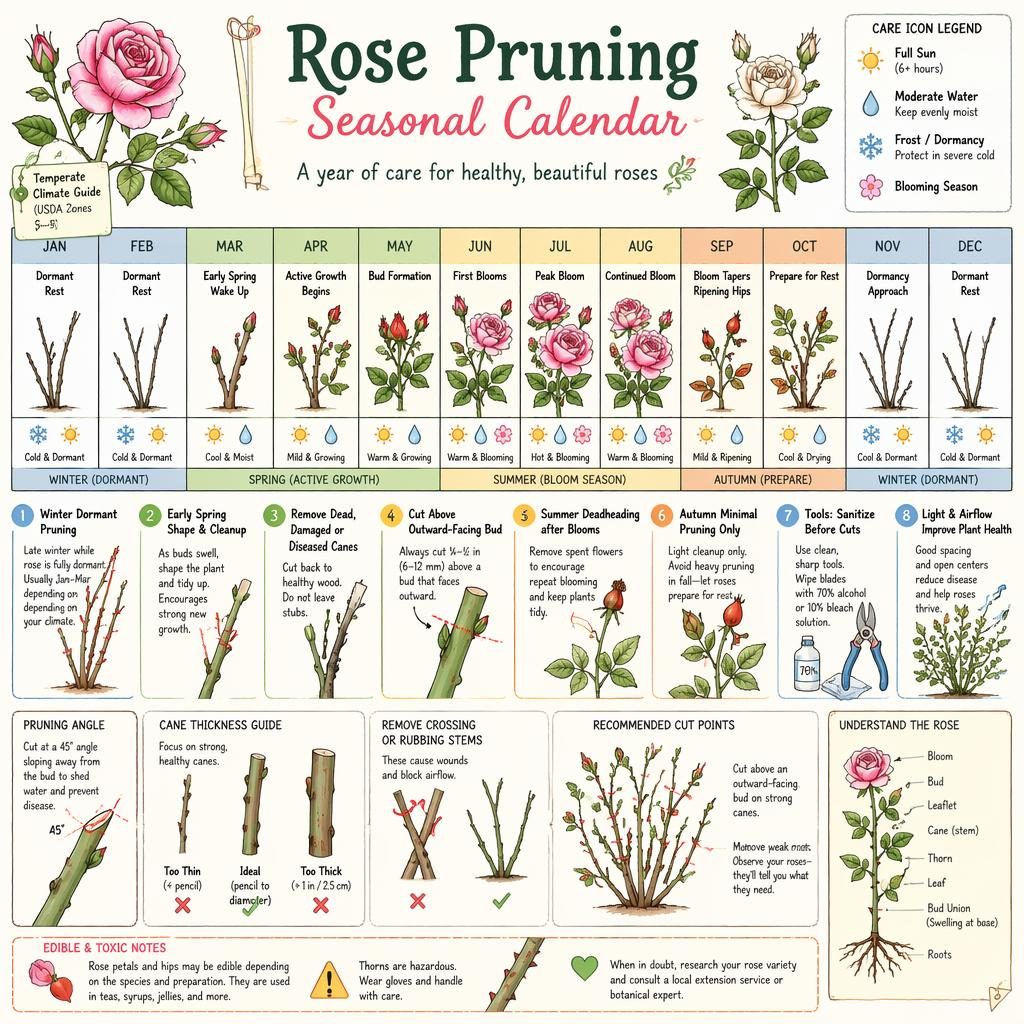Infographie calendrier annuel de taille des rosiers, style sketchnote pastel, avec saisons, fenêtres de taille et repères botaniques.