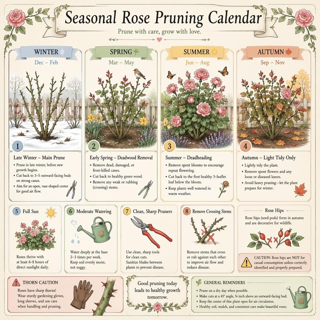 Pastel gardening infographic showing a four-season rose pruning calendar with labeled care callouts, icons, and safety notes.