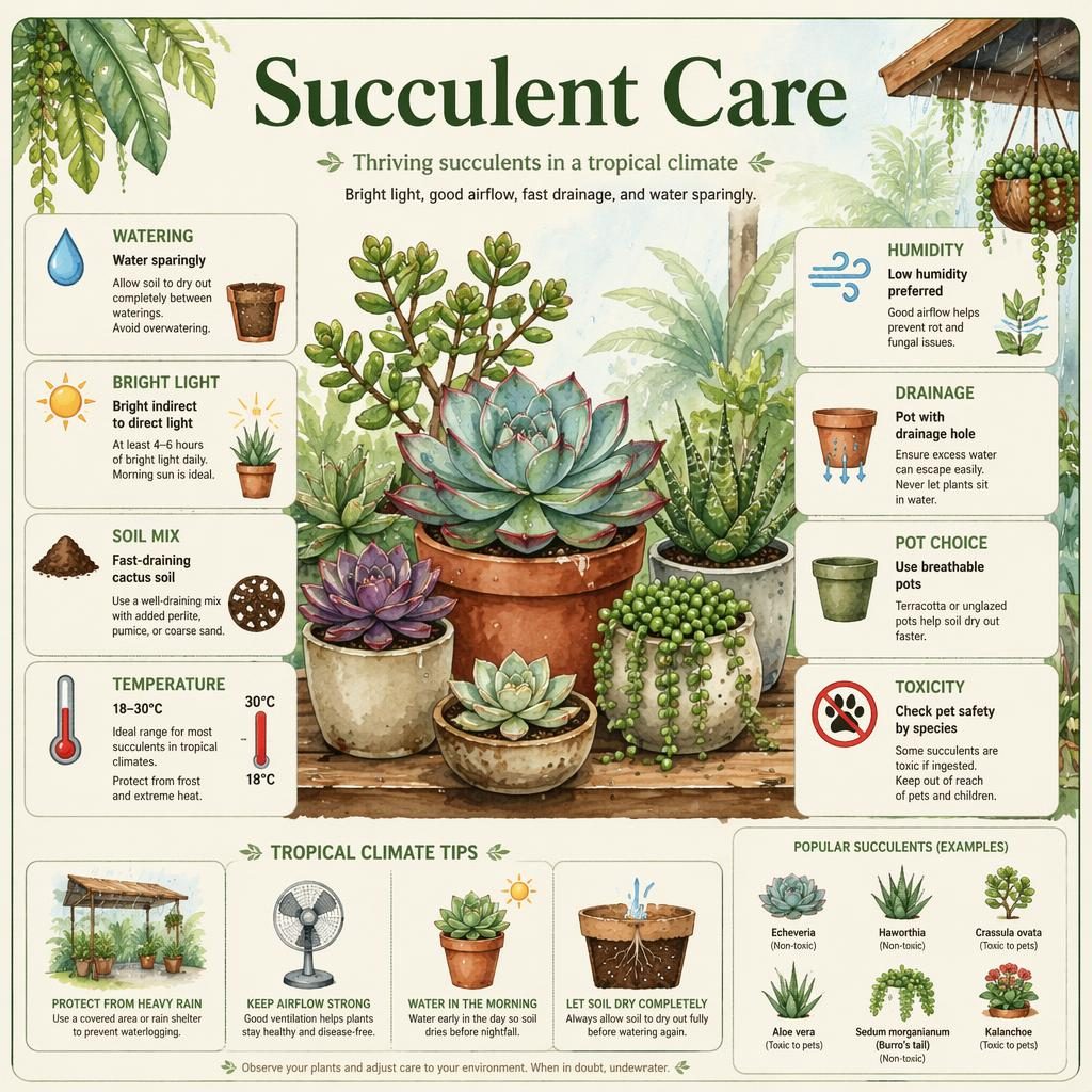 Watercolor succulent care infographic card with labeled callouts for watering, light, soil, temperature, humidity, drainage, pot choice, and toxicity.