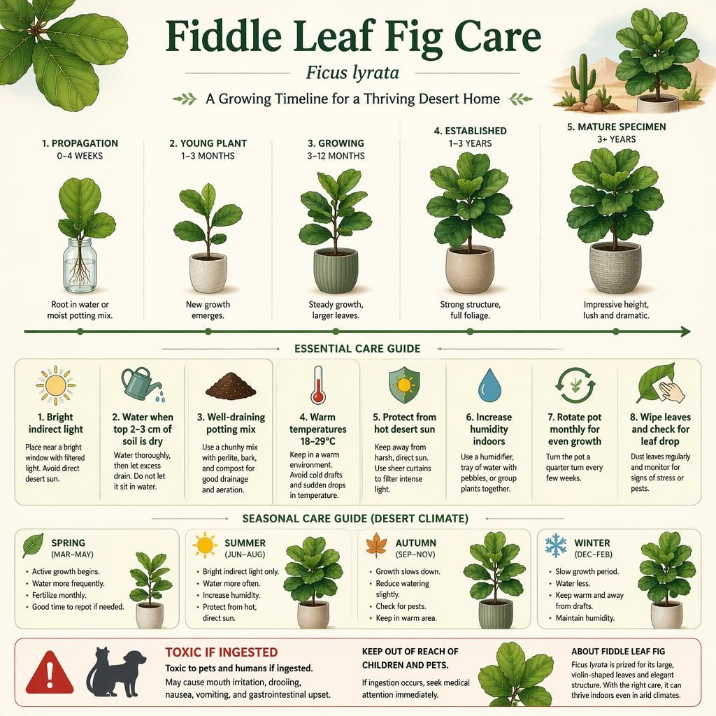 Botanical infographic showing a Fiddle Leaf Fig care timeline with seasonal icons, desert-climate tips, and toxic warning.