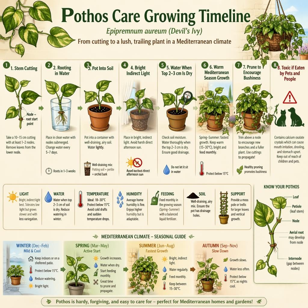 Botanical infographic showing a left-to-right pothos care timeline from stem cutting to mature trailing plant.