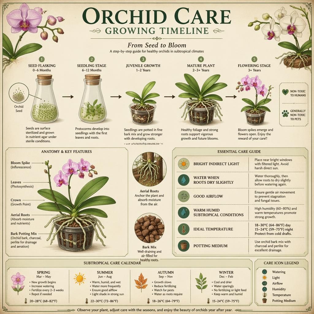 Vintage sage gardening infographic showing an orchid care growing timeline from seed flasking to flowering plant.