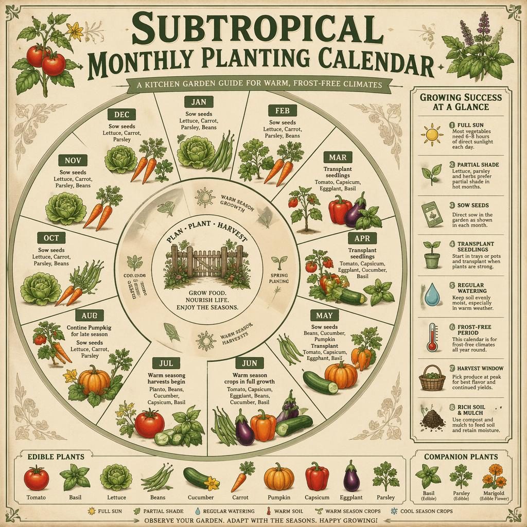 Infographie vintage d’un calendrier mensuel subtropical avec 12 panneaux, légumes, herbes et repères soleil, arrosage et récolte.