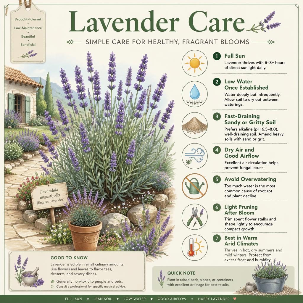Botanical lavender care infographic with 7 labeled callouts, care icons, green cottage-garden layout, and arid climate tips.