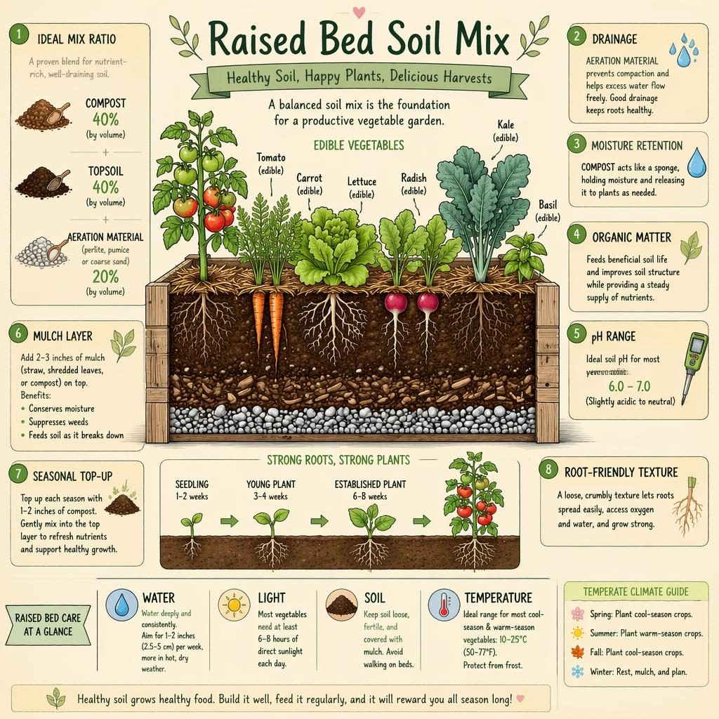 Sketchnote gardening infographic showing a raised bed soil mix cutaway, labeled layers, edible vegetables, roots, and care icons.
