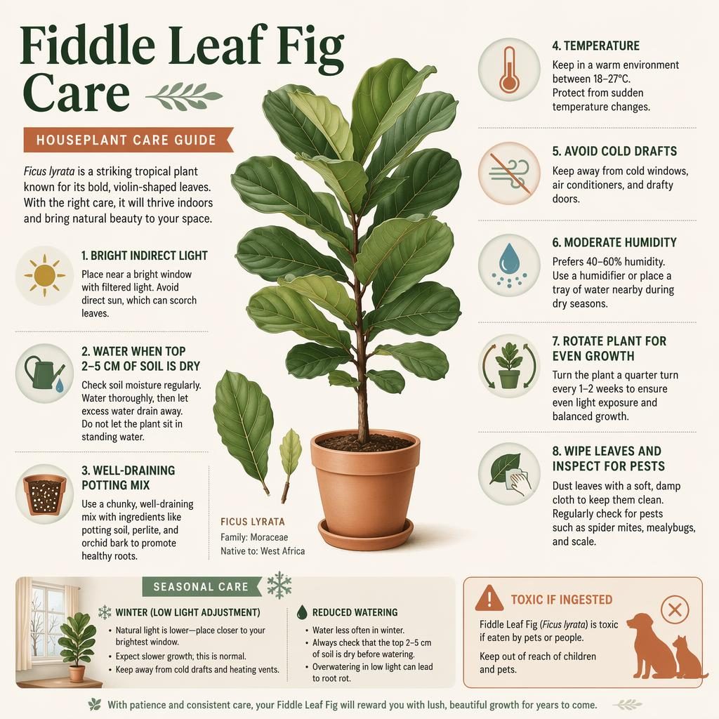 Minimal terracotta fiddle leaf fig care infographic with labeled icons for light, watering, soil, temperature, humidity, pests