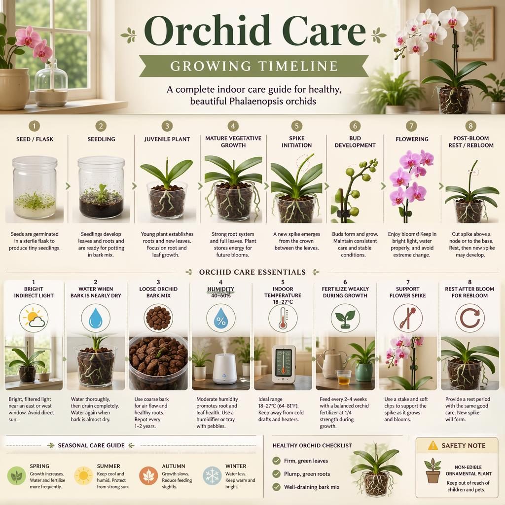 Infographie timeline sur l’entretien des orchidées d’intérieur, de la jeune pousse à la floraison et au repos, style botanique.