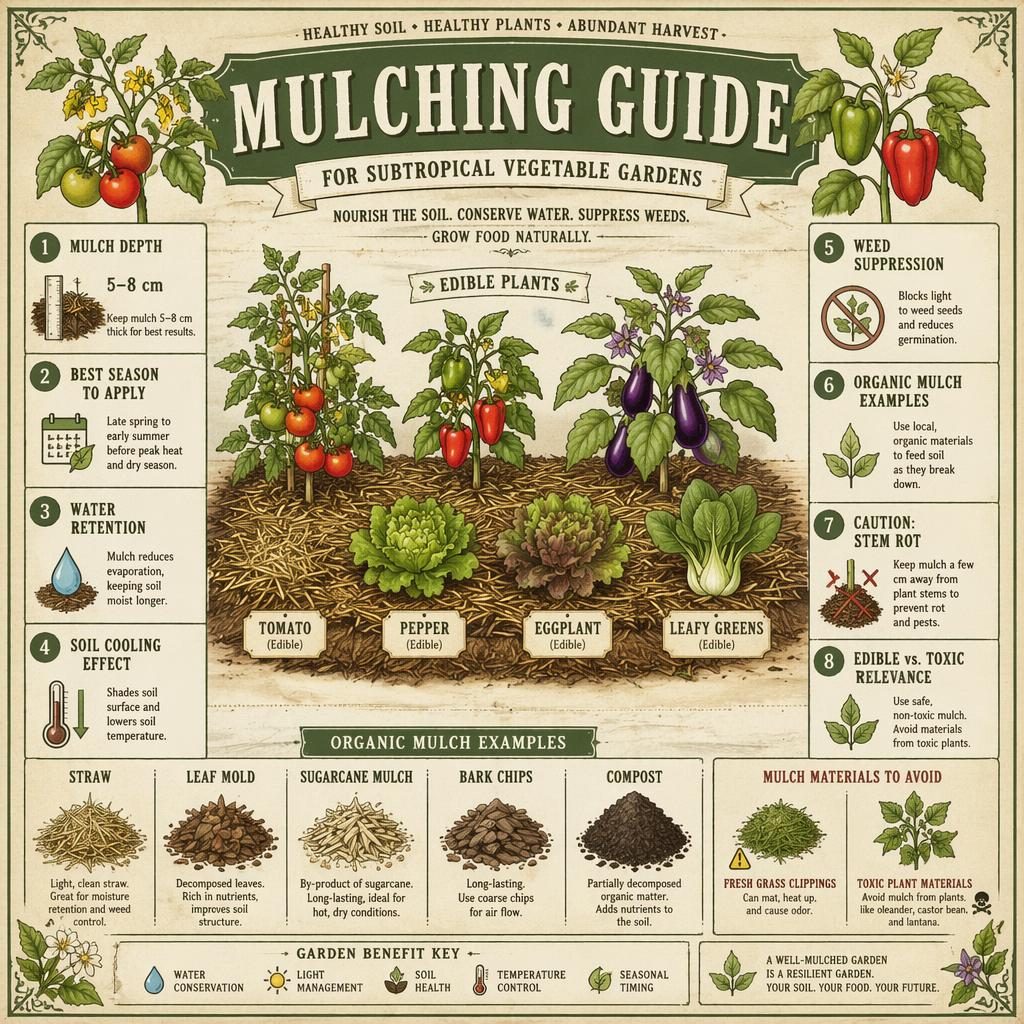 Vintage seed packet style mulching guide infographic with subtropical vegetables, mulch types, labeled care callouts, and sage tones.
