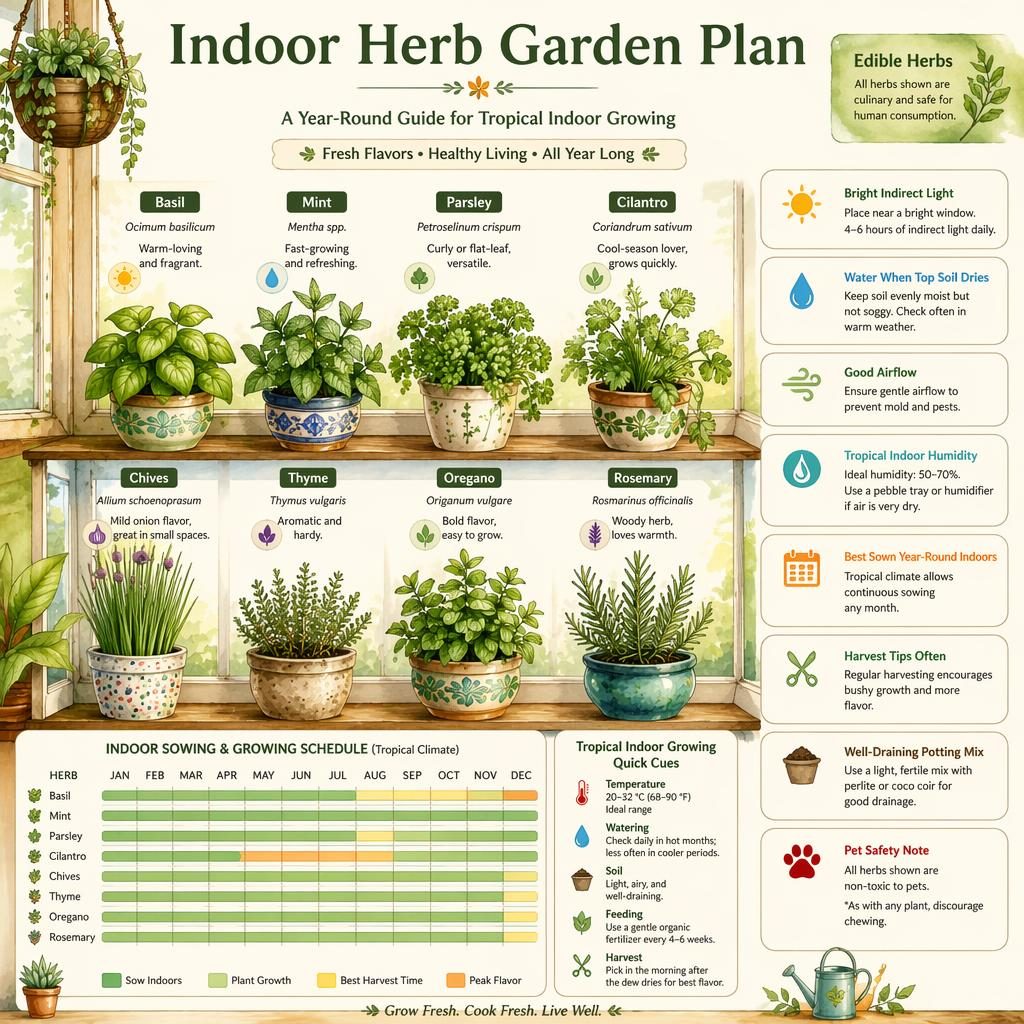 Infografía de jardín de hierbas interior con albahaca, menta, perejil, cilantro, cebollino, tomillo, orégano y romero.