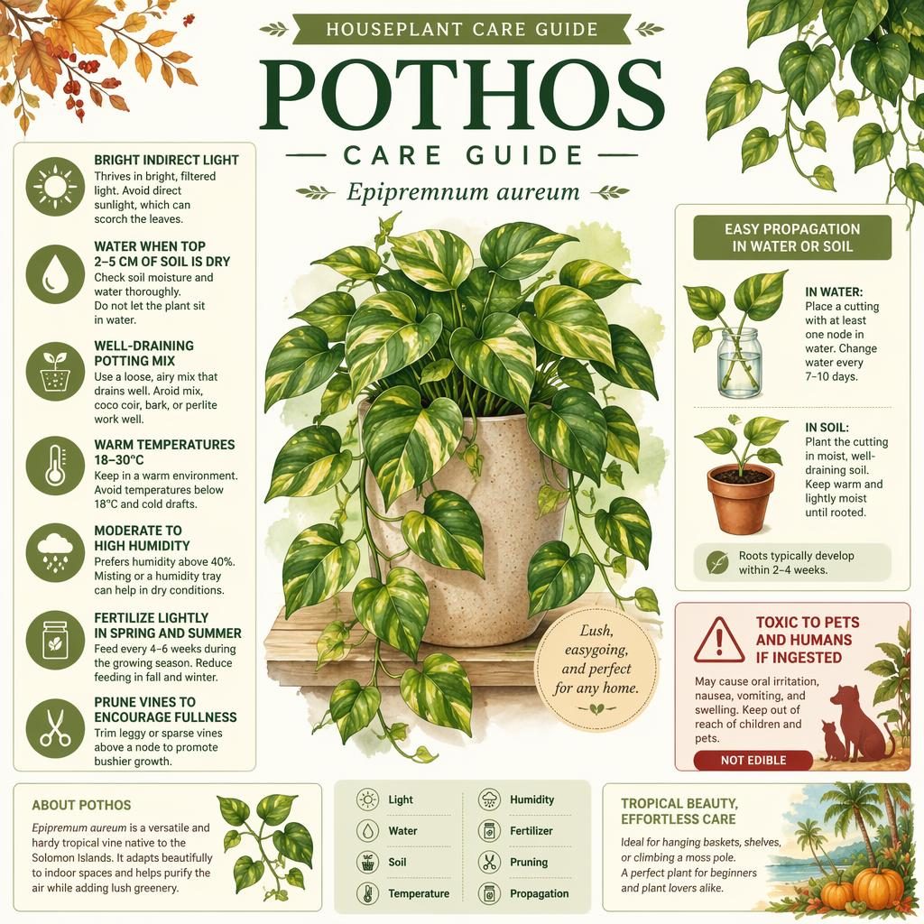Botanical pothos care infographic with watercolor vines, labeled care callouts, icons, and a toxic if ingested safety note.