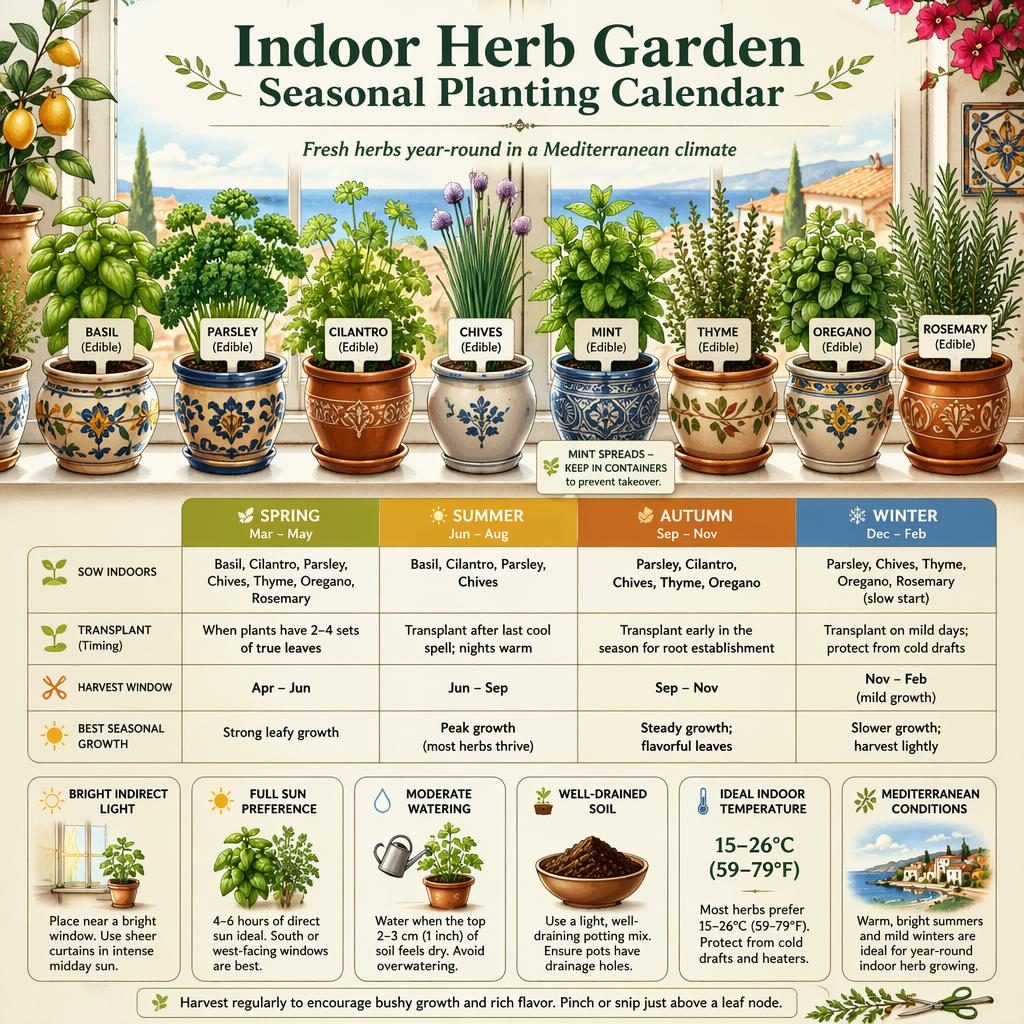 Botanical infographic of an indoor herb garden calendar with basil, parsley, cilantro, chives, mint, thyme, oregano, rosemary.