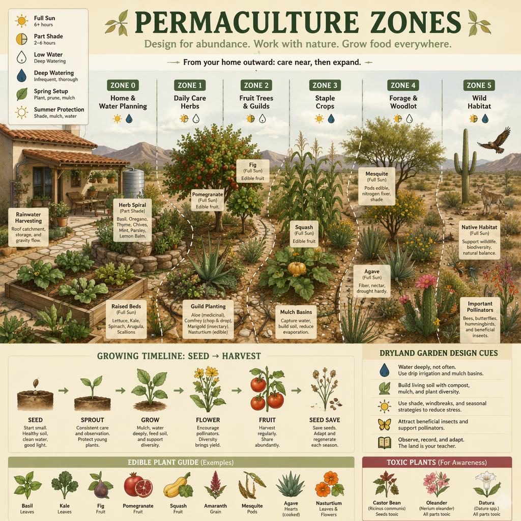 Botanical infographic of desert permaculture zones from home outward with herbs, fruit trees, staple crops, forage, and wild habitat