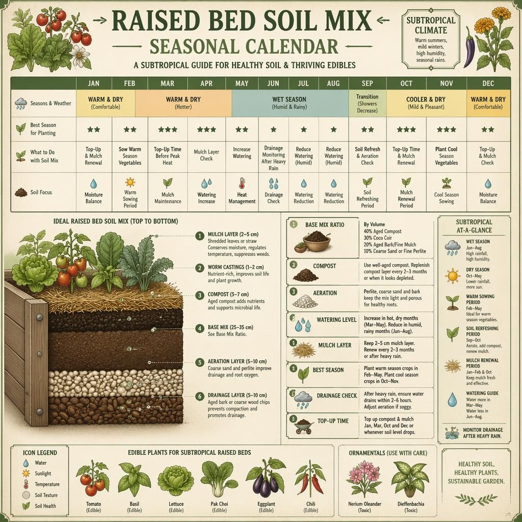 Vintage-style gardening infographic showing a raised bed soil mix seasonal calendar with labeled layers, icons, and seedlings.