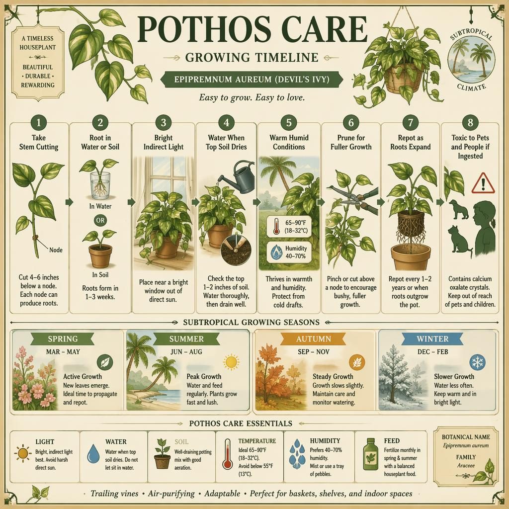Vintage-Pflanzeninfografik mit Pothos-Wachstumszeitleiste, 8 englischen Callouts, Pflege-Icons und botanischen Details.