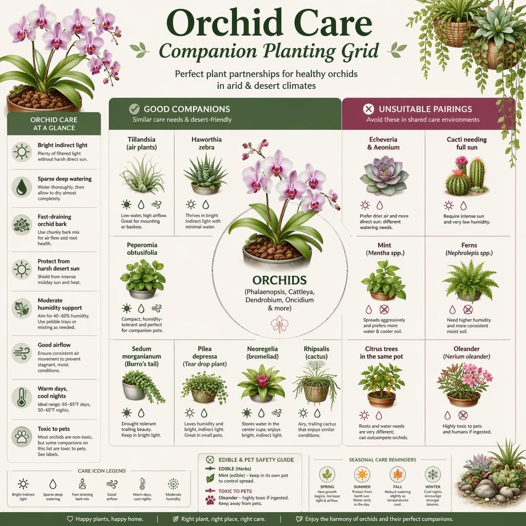 Botanical infographic showing an orchid companion planting grid with labeled care callouts, suitable and unsuitable plant pairings.