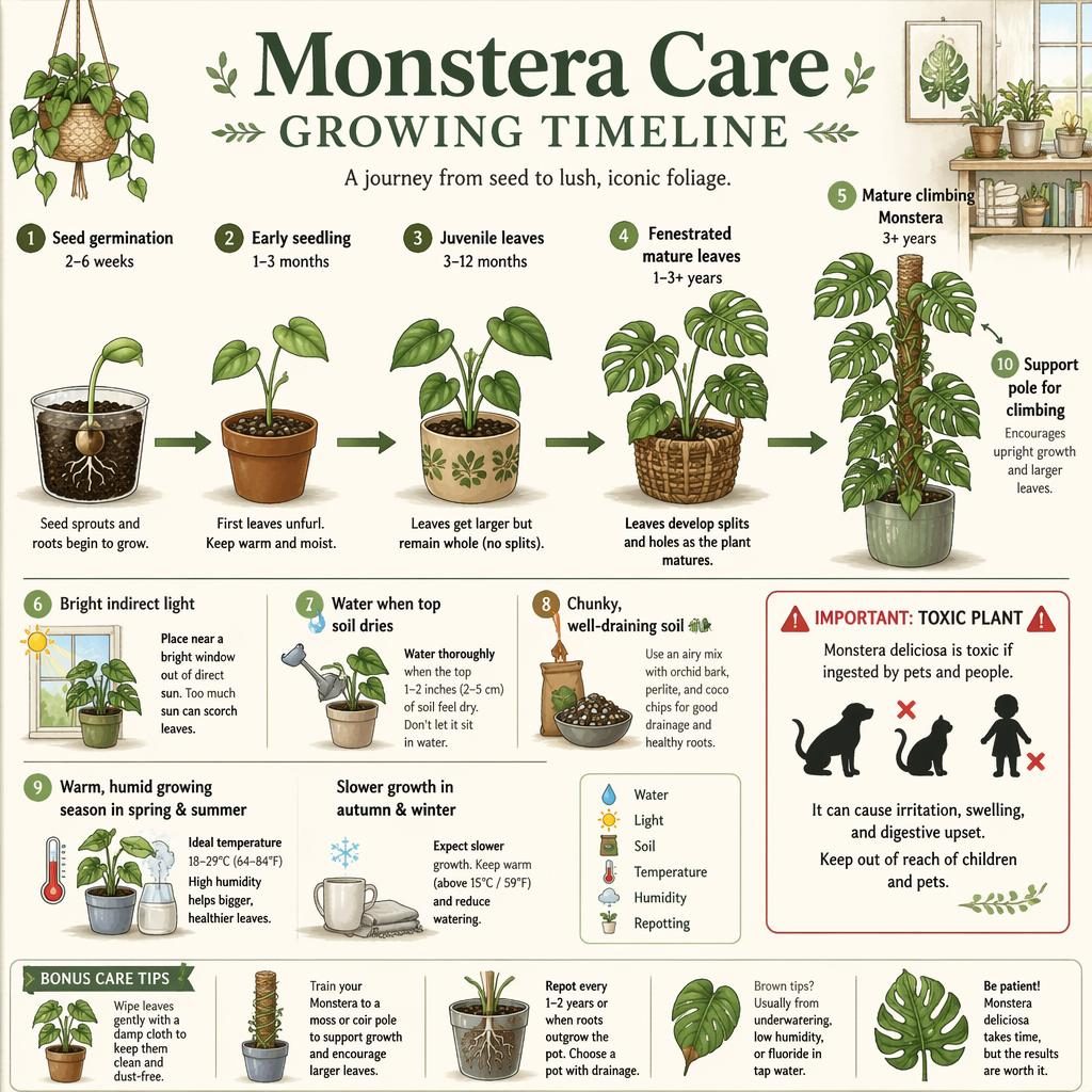 Infografika s časovou osou růstu Monstera deliciosa od semene po dospělou rostlinu, s ikonami péče a anglickými popisky.