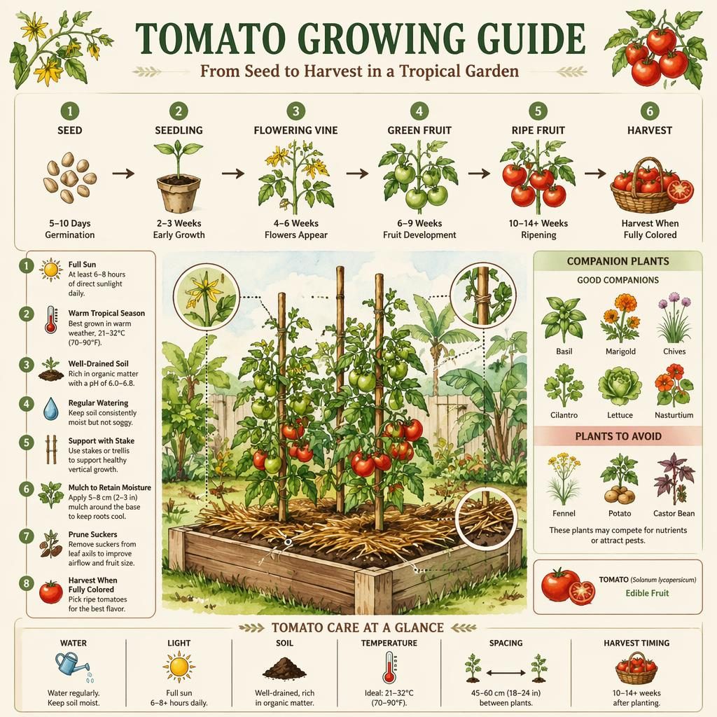 Watercolor tomato growing infographic with seed-to-harvest timeline, care icons, labeled callouts, stake, mulch, and raised beds.