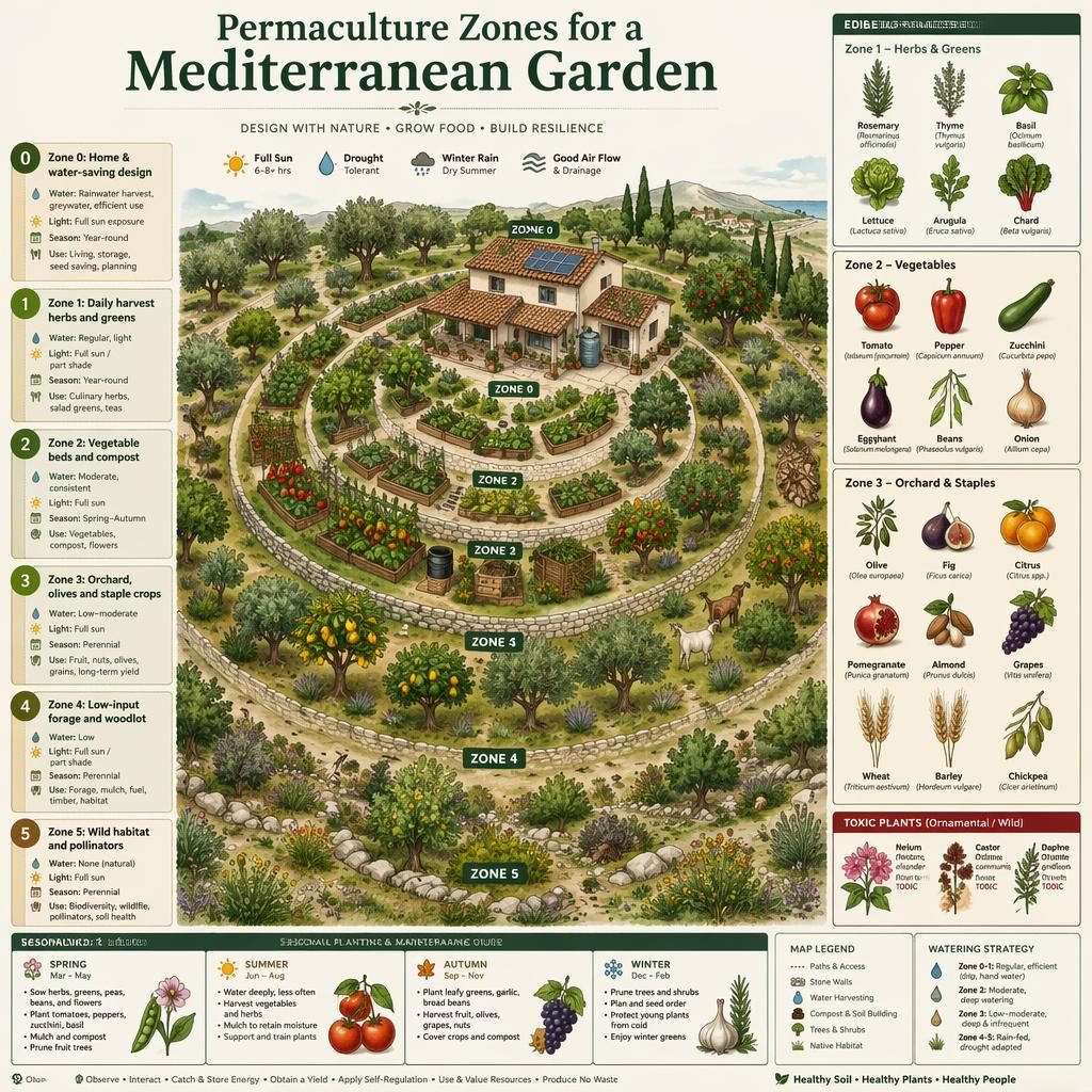 Infografía botánica de jardín mediterráneo con mapa radial de Zonas 0 a 5, cultivos comestibles, árboles frutales y estaciones.