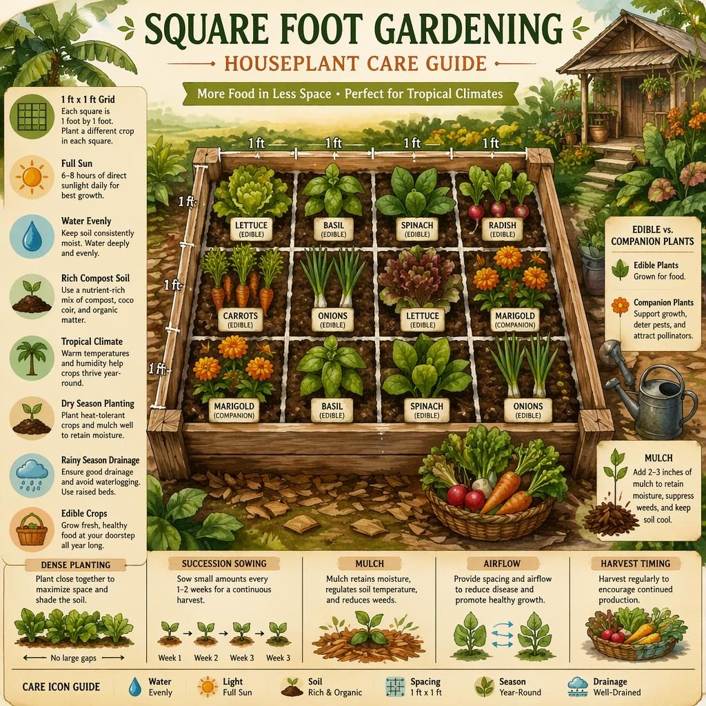Watercolor gardening infographic showing square foot gardening in a tropical raised bed with labeled grid, edible crops, icons, and callouts.