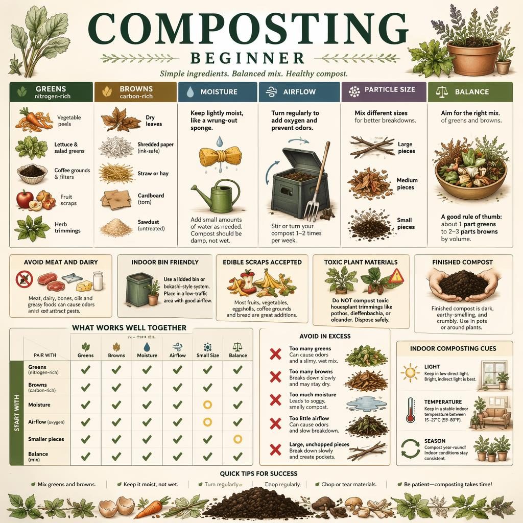 Editorial composting infographic grid with greens, browns, scraps, moisture, airflow icons, and compatibility chart.