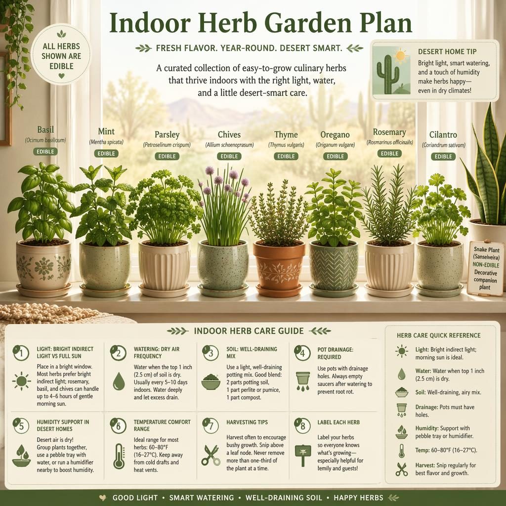 Indoor herb garden infographic on a bright windowsill with edible basil, mint, parsley, chives, thyme, oregano, rosemary, and cilantro.