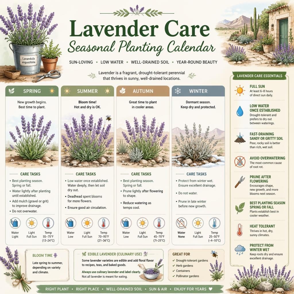 Botanical infographic of lavender care by season with spring, summer, autumn, winter tasks, icons, and labeled callouts.