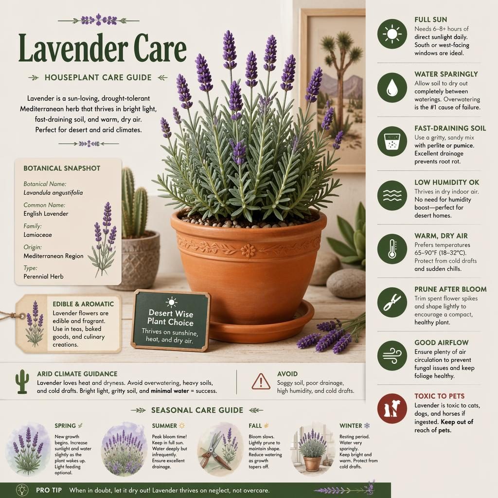 Botanical indoor lavender care infographic with potted plant, purple blooms, terracotta pot, and labeled care icons