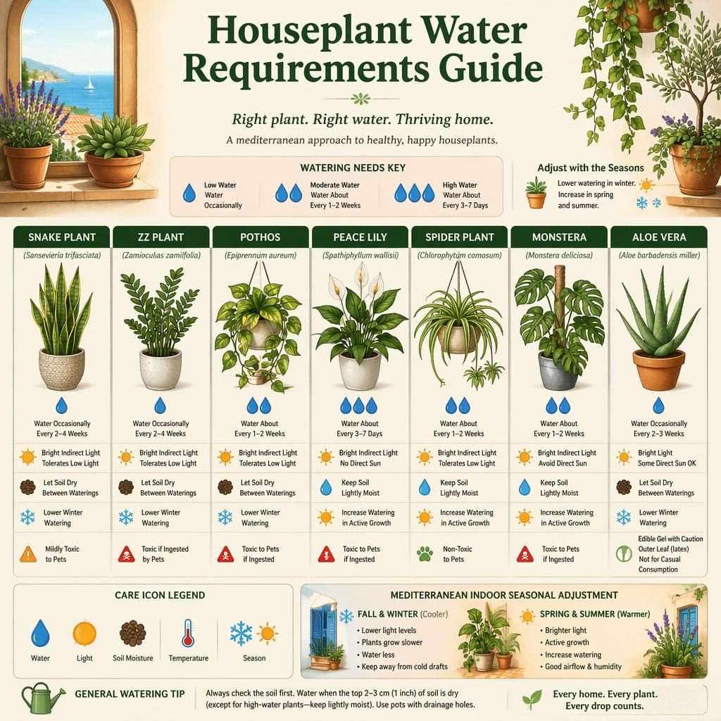 Infografía botánica comparativa con 7 plantas de interior y sus necesidades de riego, luz, humedad y avisos de toxicidad.