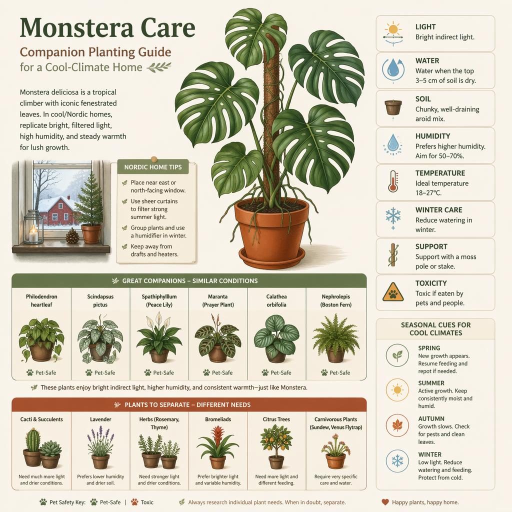 Minimal Monstera care infographic with a Nordic grid layout, companion houseplants, avoid-pairing section, and care icons.