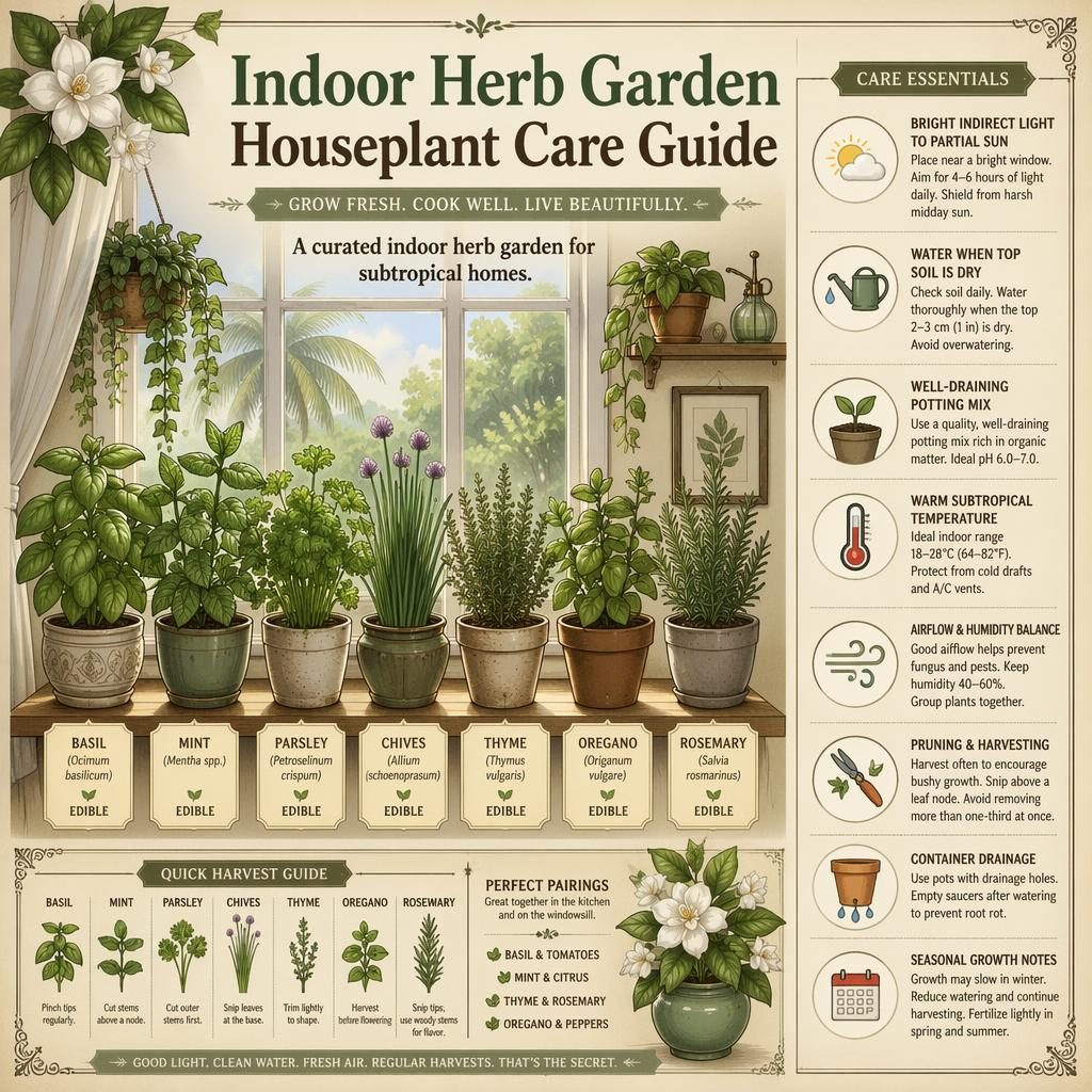 Vintage-style indoor herb garden infographic with potted basil, mint, parsley, chives, thyme, oregano, rosemary.
