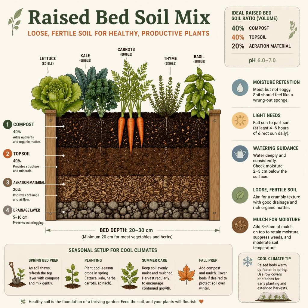 Minimal flat infographic of a raised bed soil mix cross-section with labeled compost, topsoil, aeration, edible plants, sun and water icons.