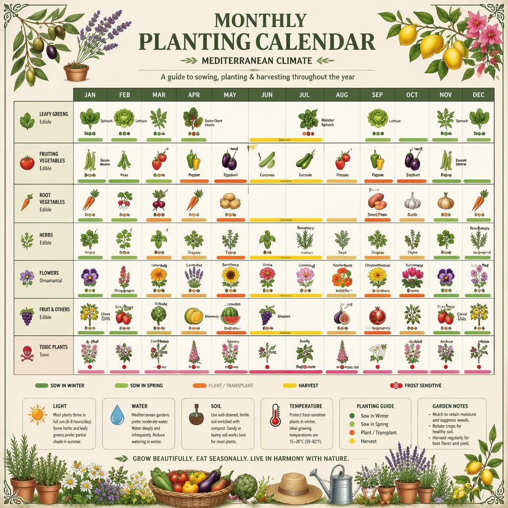Infografía botánica con calendario de 12 meses, plantas mediterráneas ilustradas, iconos de riego, luz y suelo, y notas en inglés.