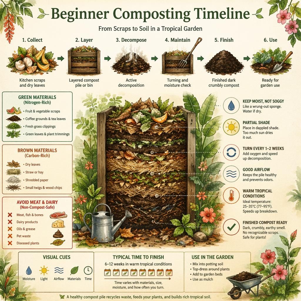 Watercolor gardening infographic showing a tropical compost timeline with scraps, bin layers, turning, and finished compost.