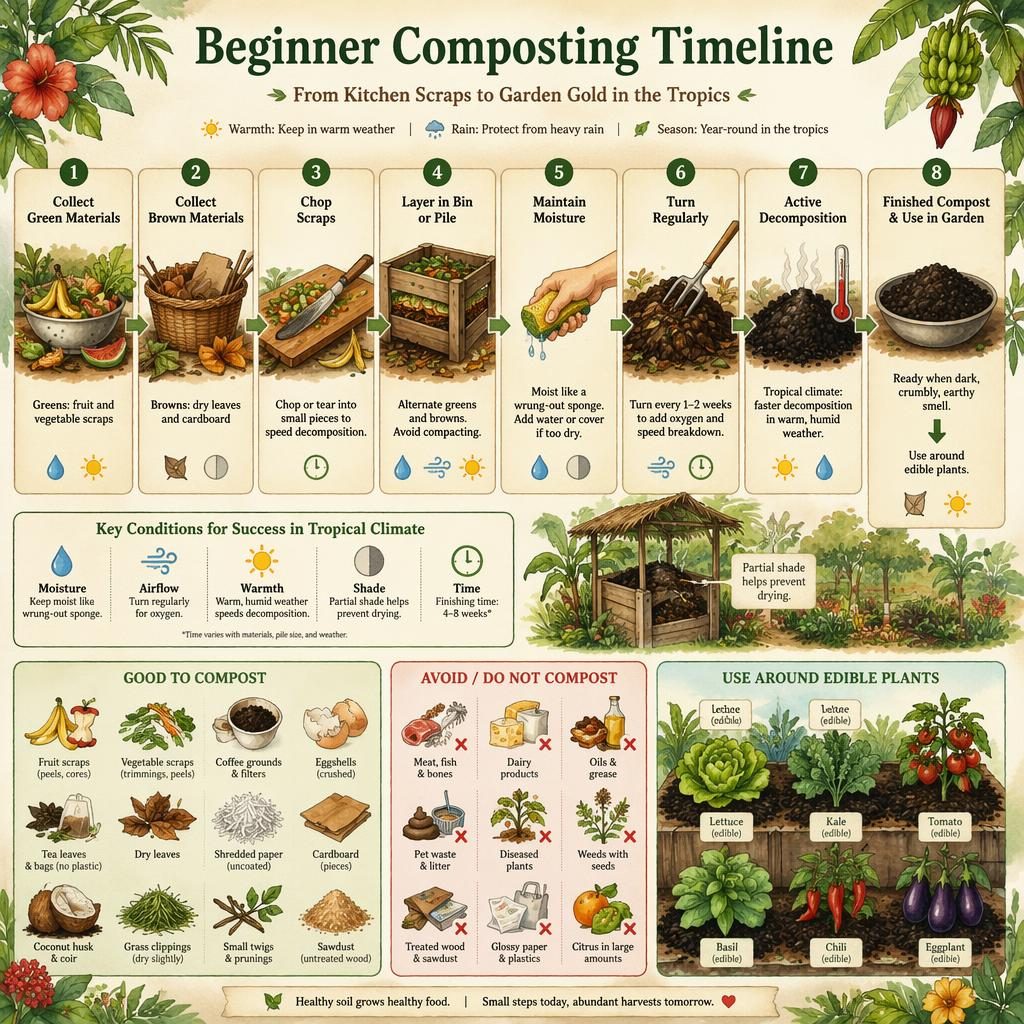 Infographie botanique en aquarelle montrant une frise du compostage débutant tropical, des déchets de cuisine au compost fini.