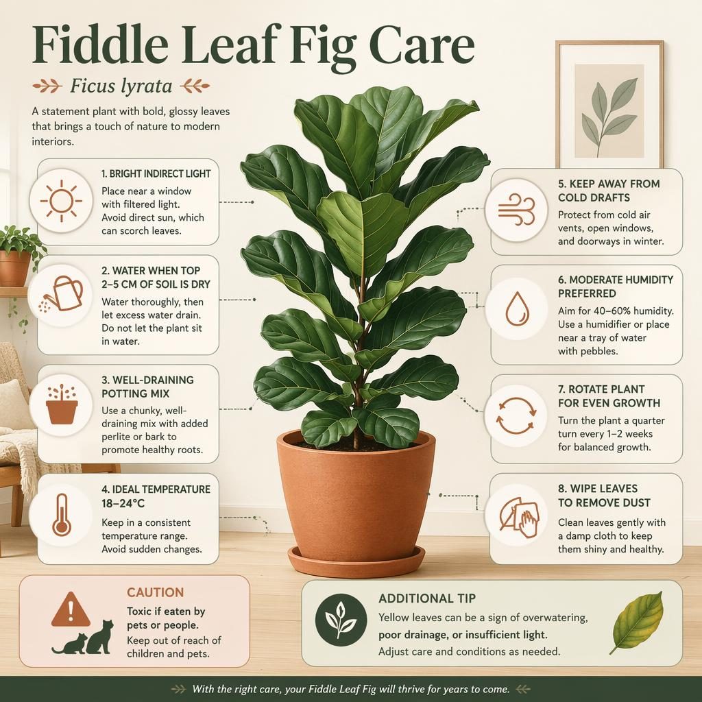 Minimal fiddle leaf fig care infographic with labeled icons, terracotta palette, and toxic caution note in English.