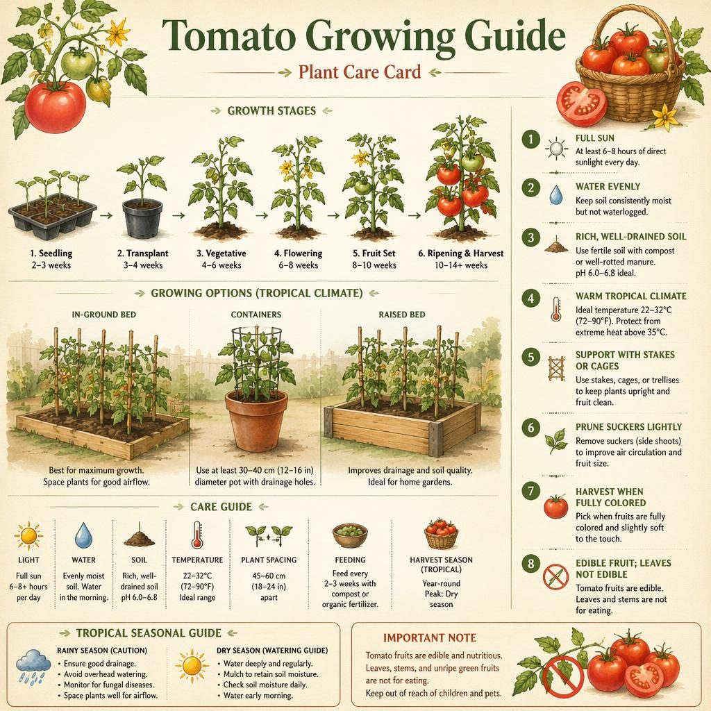 Watercolor tomato growing guide infographic with plant stages, care icons, labeled callouts, stakes, seed tray, pots, and garden bed.