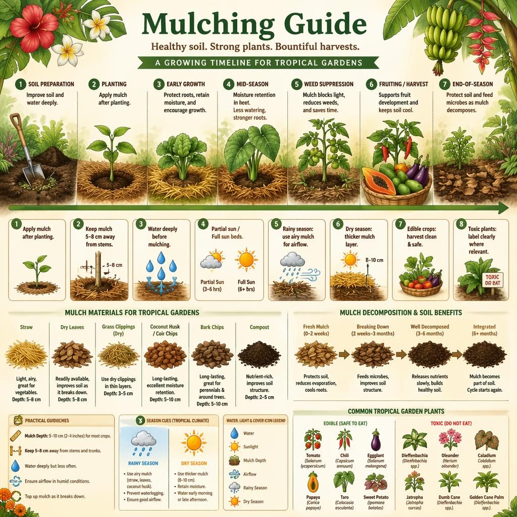 Infographie botanique aquarelle montrant un guide du paillage en frise de culture, de la préparation du sol à la récolte.