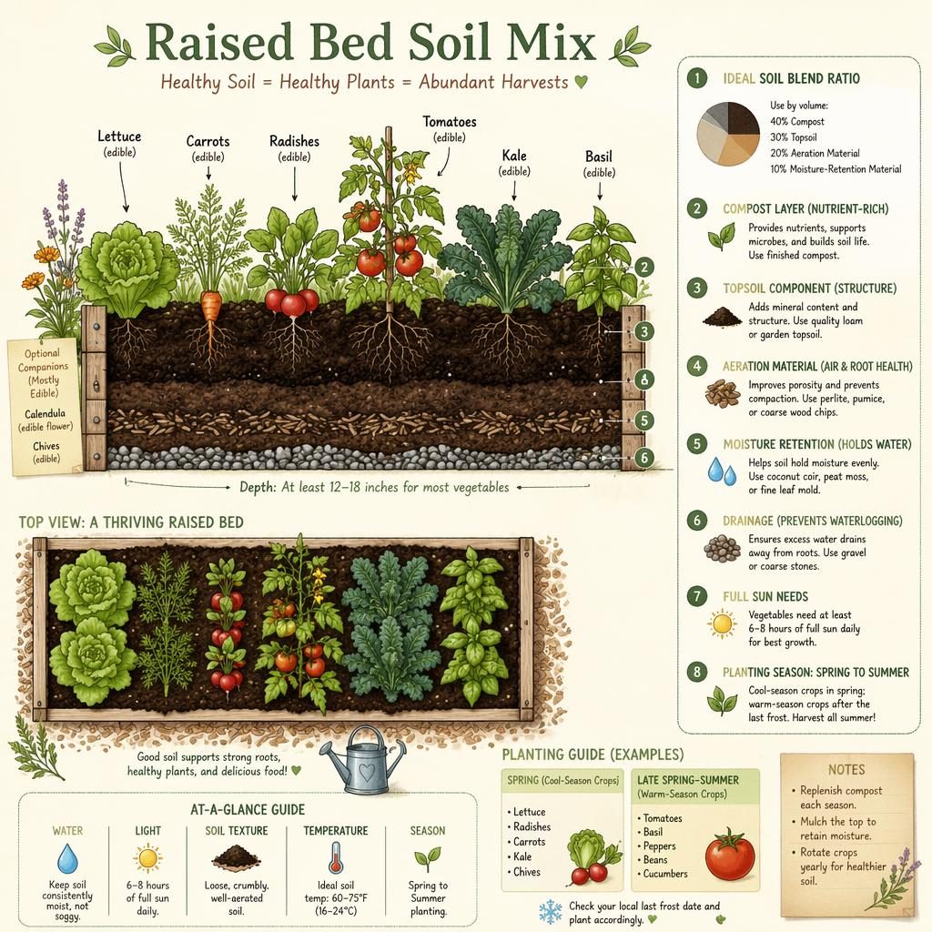 Botanical gardening infographic showing a raised bed cross-section, top view, edible crops, soil mix callouts, and season icons.