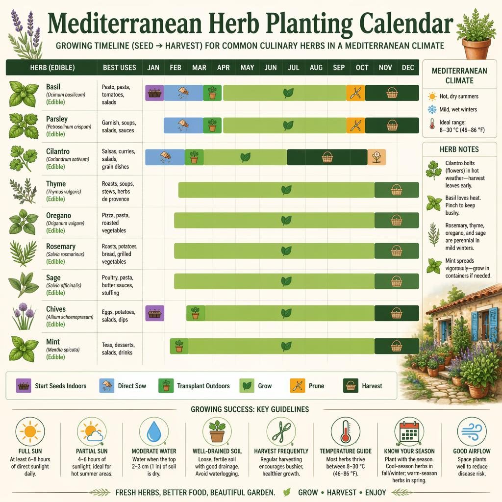 Botanical infographic calendar showing basil, parsley, cilantro, thyme, oregano, rosemary, sage, chives, and mint.
