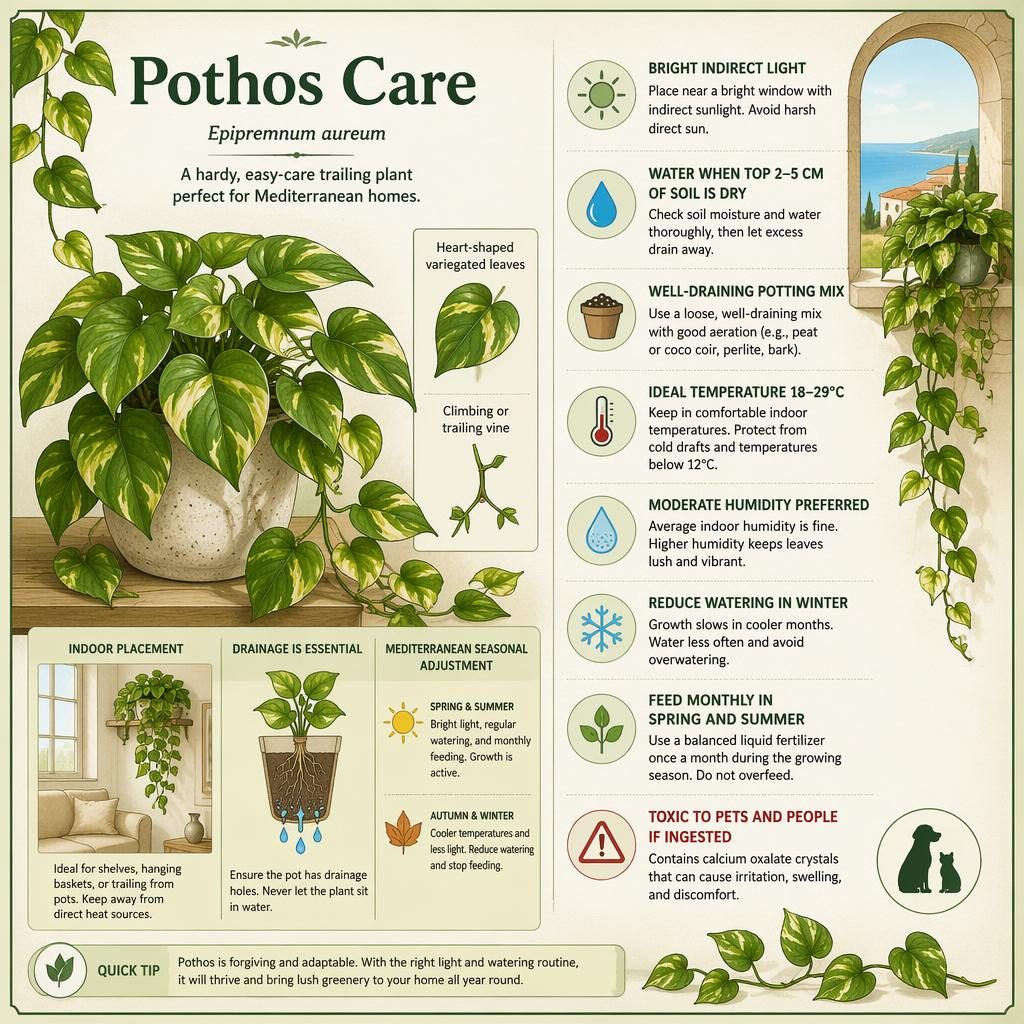 Botanical Pothos care card infographic with illustrated variegated vine, care callouts, and icons for light, water, soil, temperature.