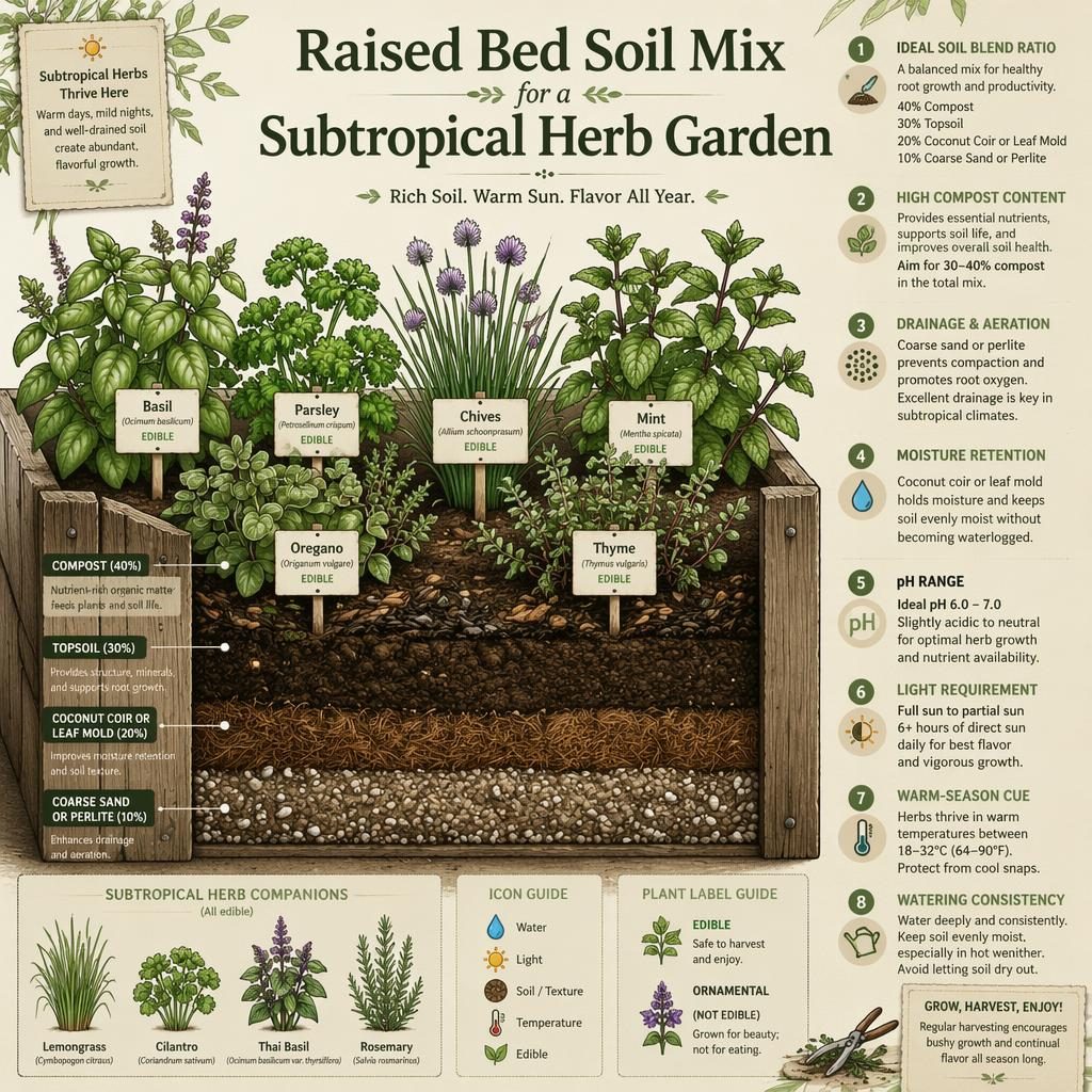Infographie botanique vintage montrant la coupe d’un bac surélevé, mélange de terre en couches et herbes comestibles.