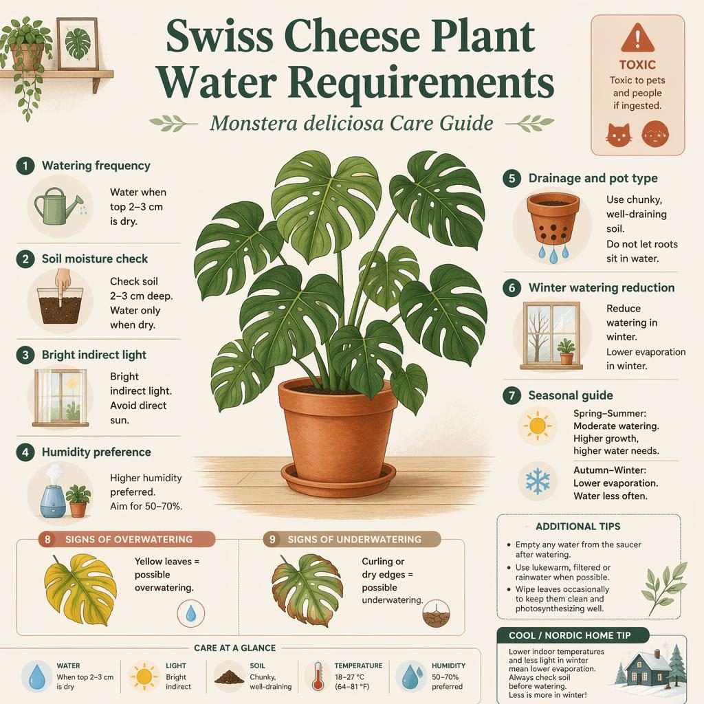 Botanical Monstera deliciosa care infographic with watering, light, humidity, soil, drainage, winter tips, and toxicity labels.