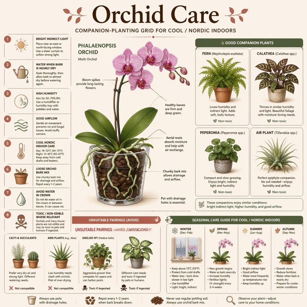 Orchid care infographic in a clean grid with labeled orchid, fern, calathea, peperomia, and air plant companions.