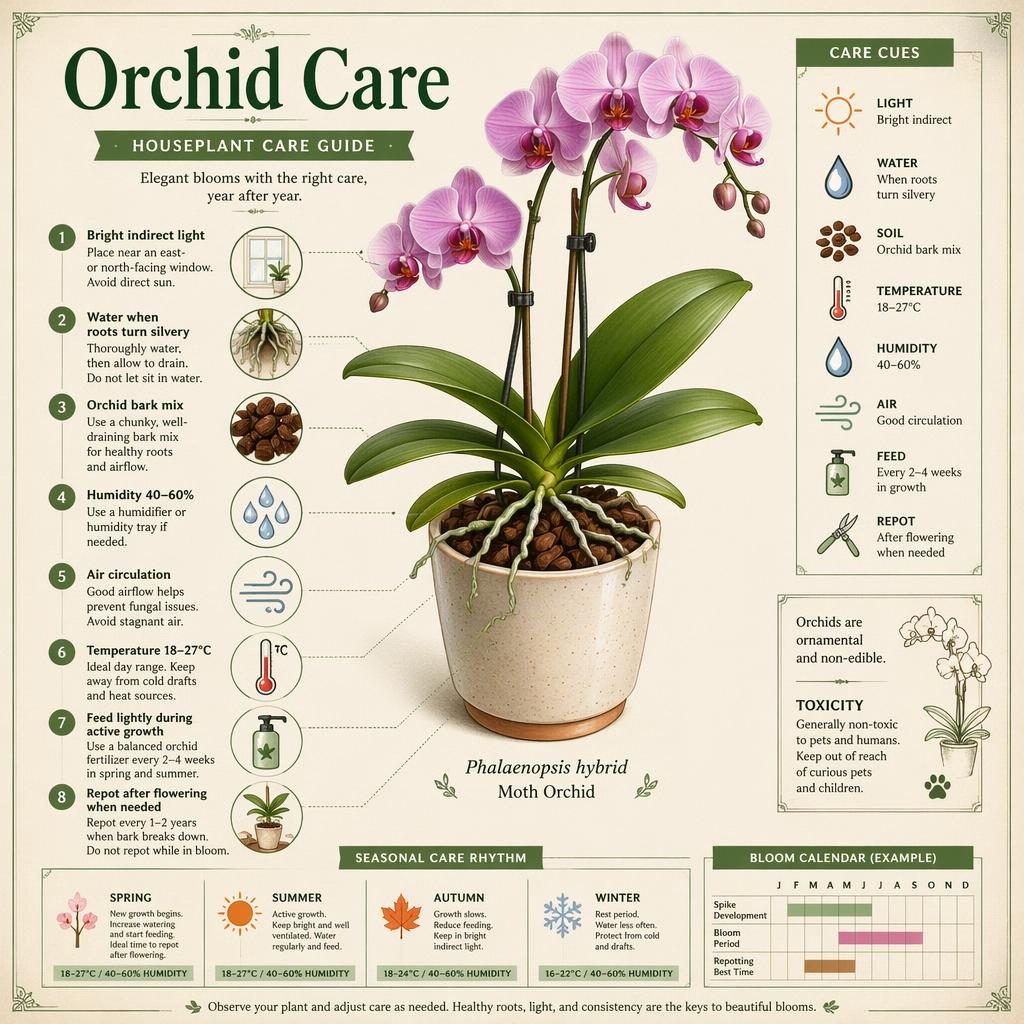 Infografía de cuidado de orquídeas con planta en maceta, secciones visuales, iconos de luz, riego, humedad y temperatura.